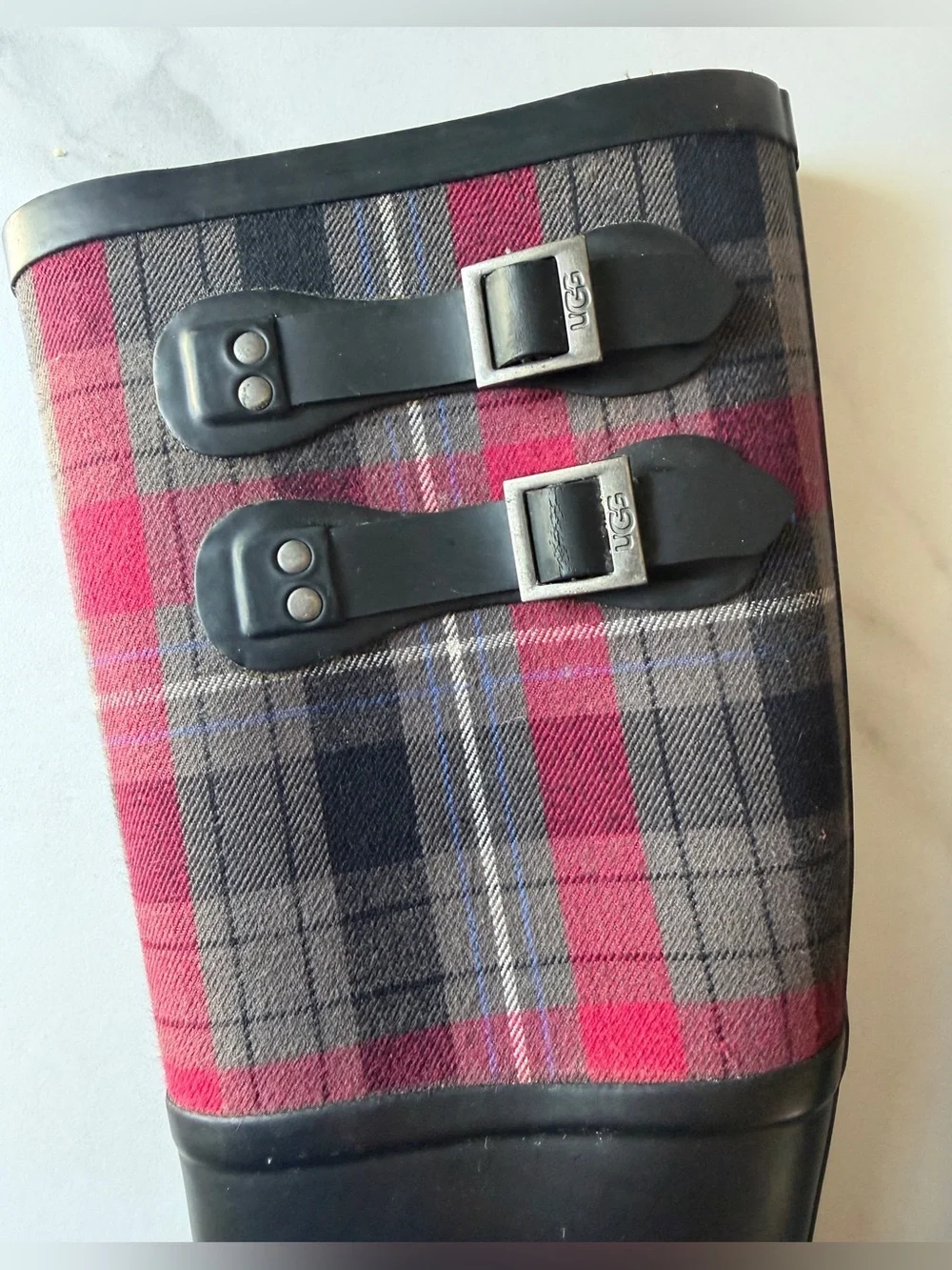 UGG Australia Black Rain Boots with Red & Gray Plaid Shaft